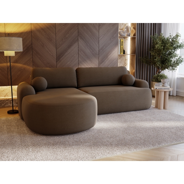 BRĄZOWY NAROŻNIK DO SALONU AGAT L Z PÓŁOKRĄGŁĄ OTOMANĄ LAMBI - W ARANŻACJI